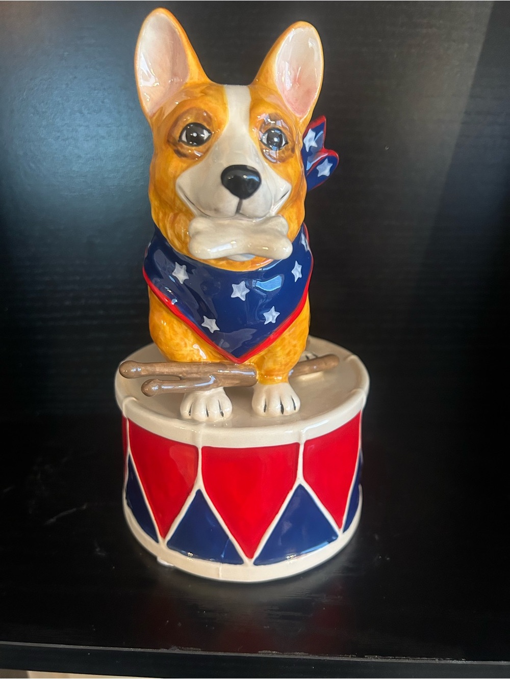 Blue Sky Patriotic Corgi Drum Figurine - Blue, Red, White, Tan